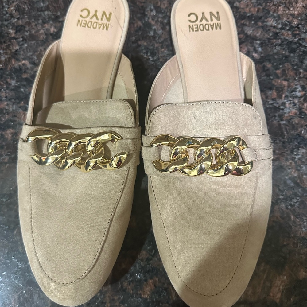 Madden NYC nude mules.